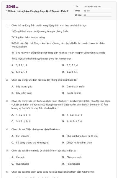 1300 câu trắc nghiệm tổng hợp Dược lý có đáp án - Phần 2