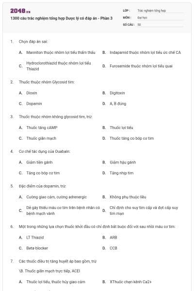 1300 câu trắc nghiệm tổng hợp Dược lý có đáp án - Phần 3