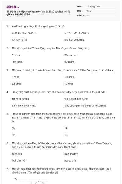 30 Đề thi thử thpt quốc gia môn Vật Lí 2020 cực hay nói lời giải chi tiết (Đề số 14)