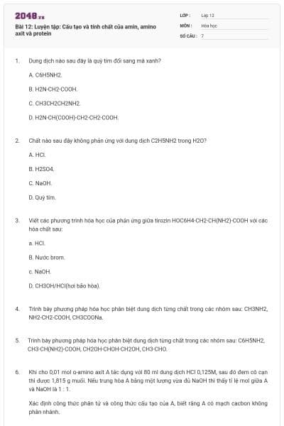 Bài 12: Luyện tập: Cấu tạo và tính chất của amin, amino axit và protein