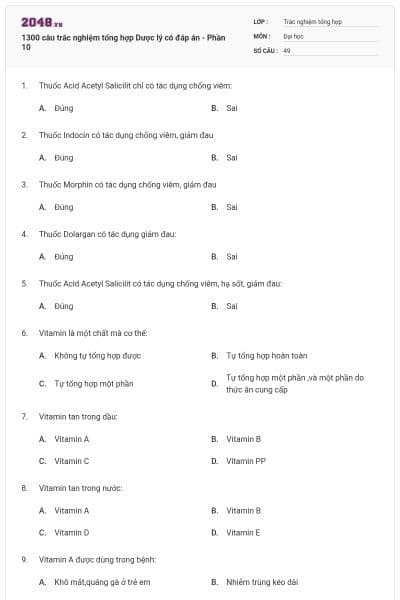 1300 câu trắc nghiệm tổng hợp Dược lý có đáp án - Phần 10