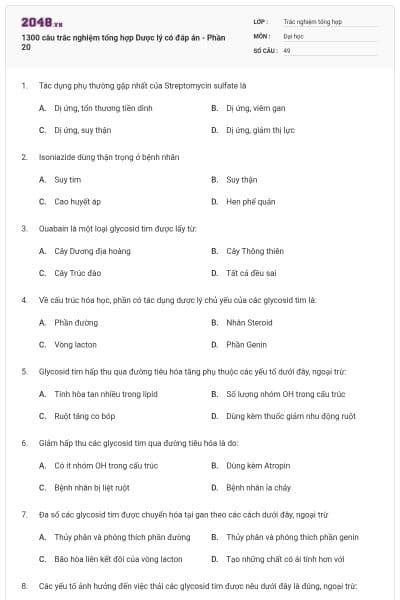 1300 câu trắc nghiệm tổng hợp Dược lý có đáp án - Phần 20