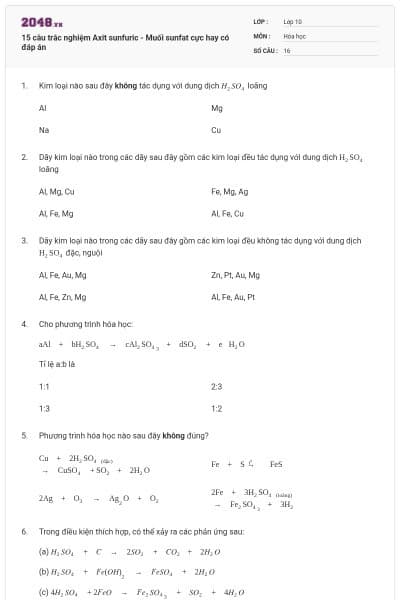15 câu trắc nghiệm Axit sunfuric - Muối sunfat cực hay có đáp án