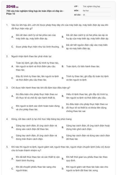 700 câu trắc nghiệm tổng hợp An toàn điện có đáp án - Phần 10