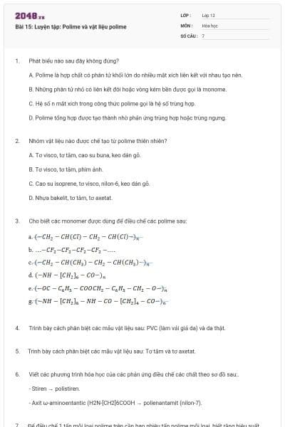 Bài 15: Luyện tập: Polime và vật liệu polime