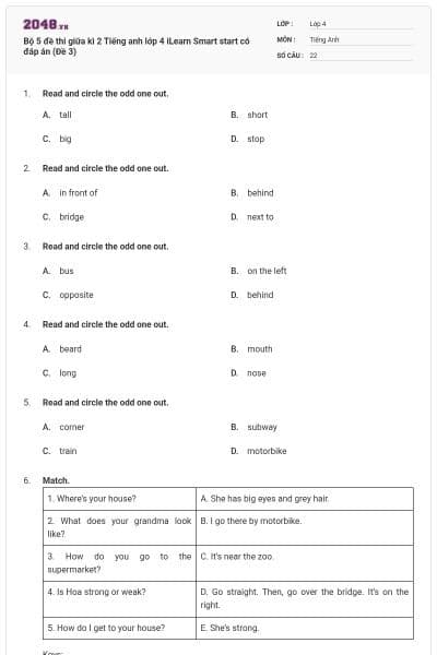 Bộ 5 đề thi giữa kì 2 Tiếng anh lớp 4 iLearn Smart start có đáp án (Đề 3)