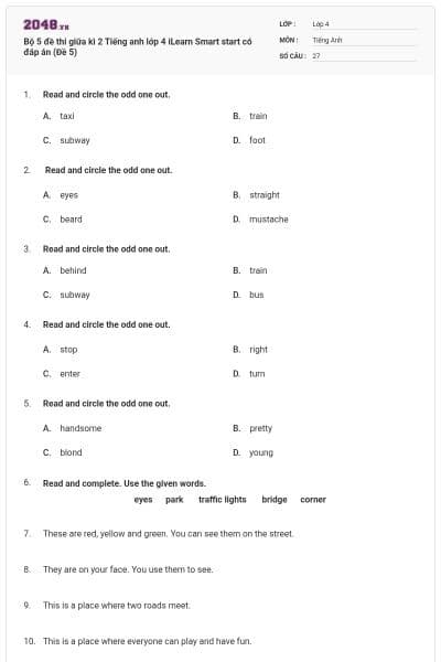 Bộ 5 đề thi giữa kì 2 Tiếng anh lớp 4 iLearn Smart start có đáp án (Đề 5)