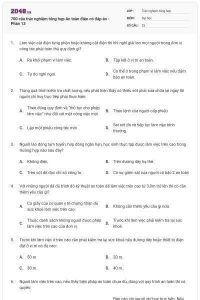 700 câu trắc nghiệm tổng hợp An toàn điện có đáp án - Phần 13