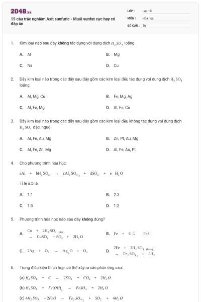 15 câu trắc nghiệm Axit sunfuric - Muối sunfat cực hay có đáp án