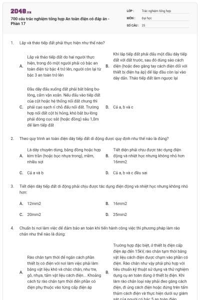 700 câu trắc nghiệm tổng hợp An toàn điện có đáp án - Phần 17