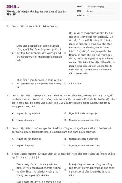 700 câu trắc nghiệm tổng hợp An toàn điện có đáp án - Phần 18