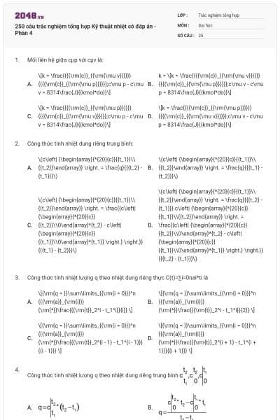 250 câu trắc nghiệm tổng hợp Kỹ thuật nhiệt có đáp án - Phần 4