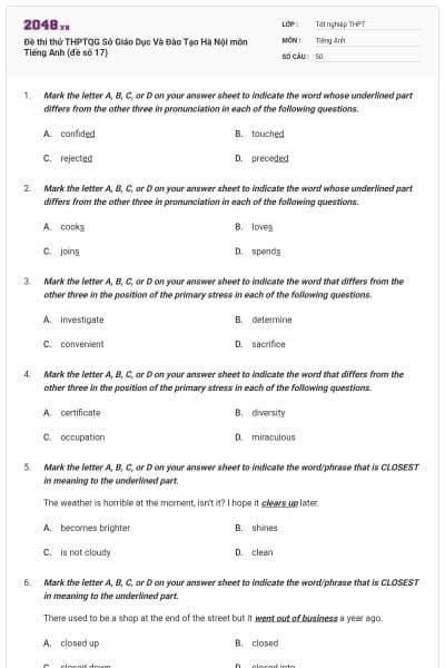 Đề thi thử THPTQG Sở Giáo Dục Và Đào Tạo Hà Nội môn Tiếng Anh (đề số 17)