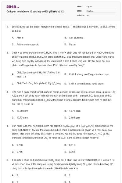 Ôn luyện hóa hữu cơ 12 cực hay có lời giải (Đề số 12)