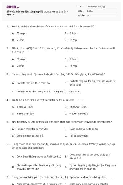 250 câu trắc nghiệm tổng hợp Kỹ thuật điện có đáp án - Phần 4