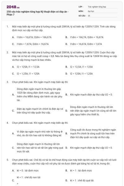 250 câu trắc nghiệm tổng hợp Kỹ thuật điện có đáp án - Phần 7