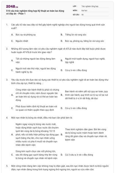 510 câu trắc nghiệm tổng hợp Kỹ thuật an toàn lao động có đáp án - Phần 1