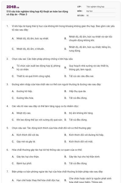 510 câu trắc nghiệm tổng hợp Kỹ thuật an toàn lao động có đáp án - Phần 3