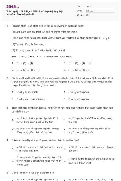 Trắc nghiệm Sinh Học 12 Bài 8 (có đáp án): Quy luật Menđen: Quy luật phân li