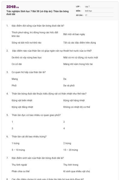 Trắc nghiệm Sinh học 7 Bài 38 (có đáp án): Thằn lằn bóng đuôi dài