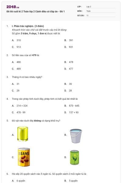 Đề thi cuối kì 2 Toán lớp 2 Cánh diều có đáp án - Đề 1