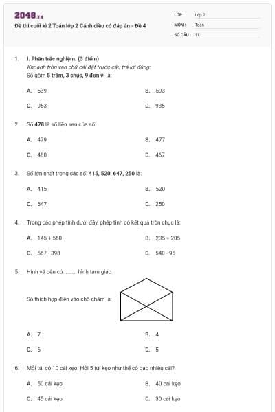 Đề thi cuối kì 2 Toán lớp 2 Cánh diều có đáp án - Đề 4