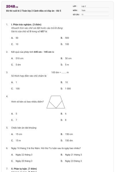 Đề thi cuối kì 2 Toán lớp 2 Cánh diều có đáp án - Đề 5