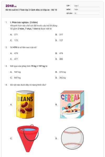 Đề thi cuối kì 2 Toán lớp 2 Cánh diều có đáp án - Đề 10