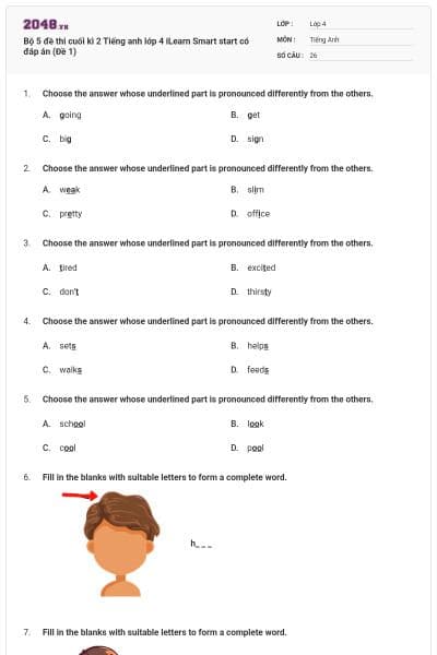 Bộ 5 đề thi cuối kì 2 Tiếng anh lớp 4 iLearn Smart start có đáp án (Đề 1)