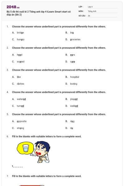 Bộ 5 đề thi cuối kì 2 Tiếng anh lớp 4 iLearn Smart start có đáp án (Đề 2)