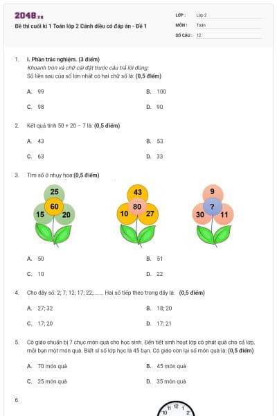Đề thi cuối kì 1 Toán lớp 2 Cánh diều có đáp án - Đề 1