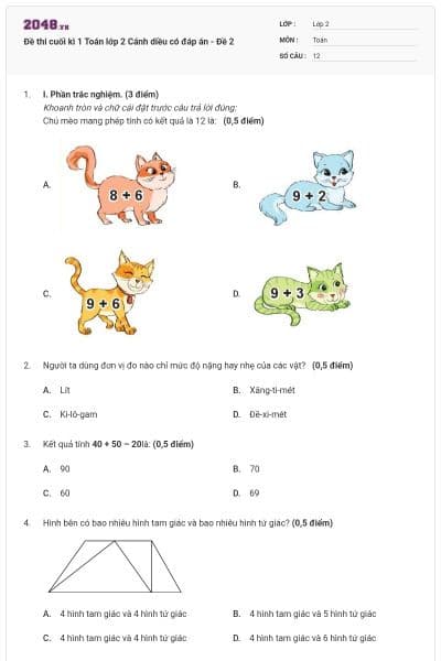 Đề thi cuối kì 1 Toán lớp 2 Cánh diều có đáp án - Đề 2