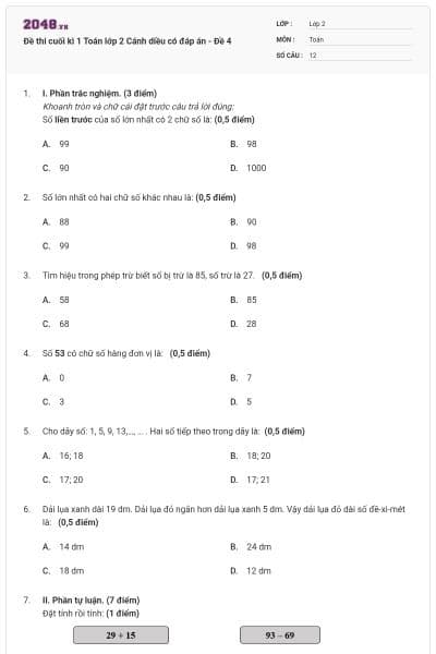 Đề thi cuối kì 1 Toán lớp 2 Cánh diều có đáp án - Đề 4