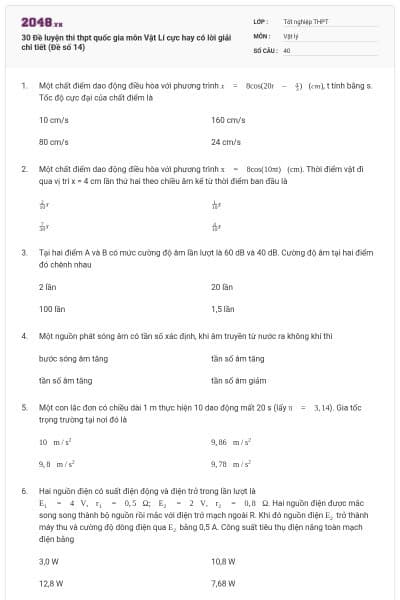 30 Đề luyện thi thpt quốc gia môn Vật Lí cực hay có lời giải chi tiết (Đề số 14)