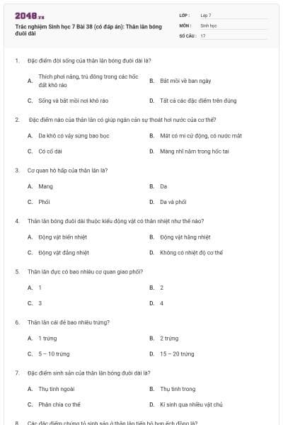 Trắc nghiệm Sinh học 7 Bài 38 (có đáp án): Thằn lằn bóng đuôi dài
