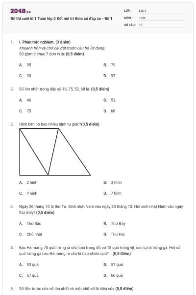 Đề thi cuối kì 1 Toán lớp 2 Kết nối tri thức có đáp án - Đề 1