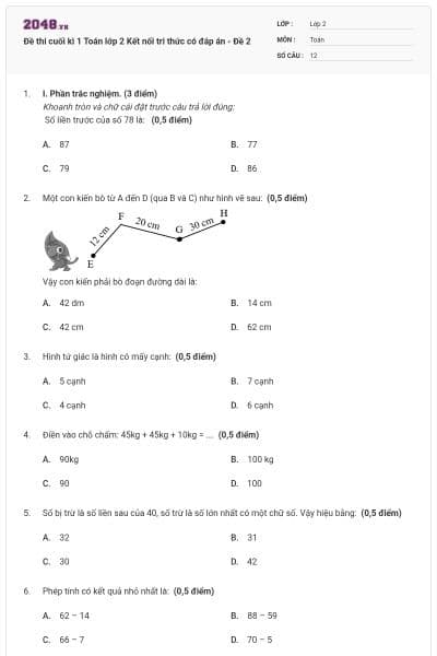Đề thi cuối kì 1 Toán lớp 2 Kết nối tri thức có đáp án - Đề 2