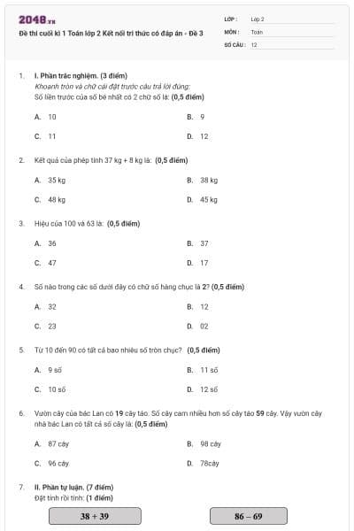 Đề thi cuối kì 1 Toán lớp 2 Kết nối tri thức có đáp án - Đề 3
