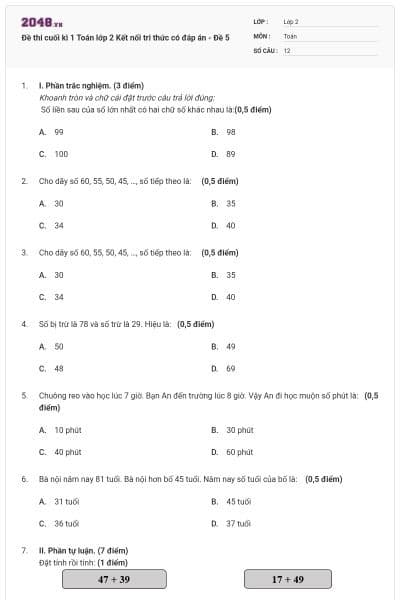 Đề thi cuối kì 1 Toán lớp 2 Kết nối tri thức có đáp án - Đề 5