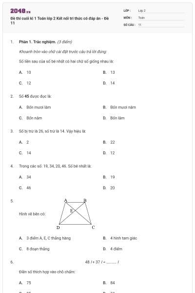 Đề thi cuối kì 1 Toán lớp 2 Kết nối tri thức có đáp án - Đề 11