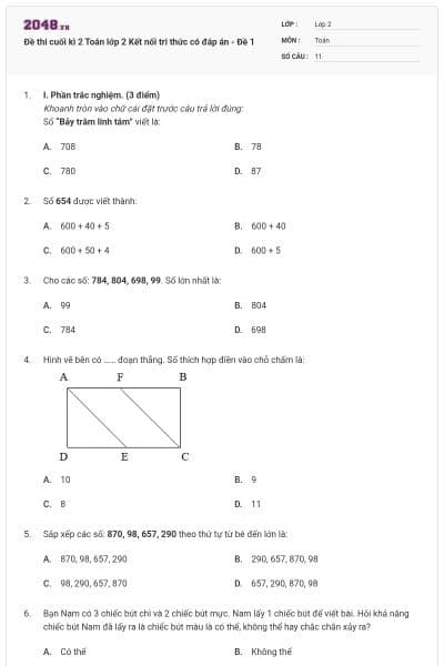 Đề thi cuối kì 2 Toán lớp 2 Kết nối tri thức có đáp án - Đề 1