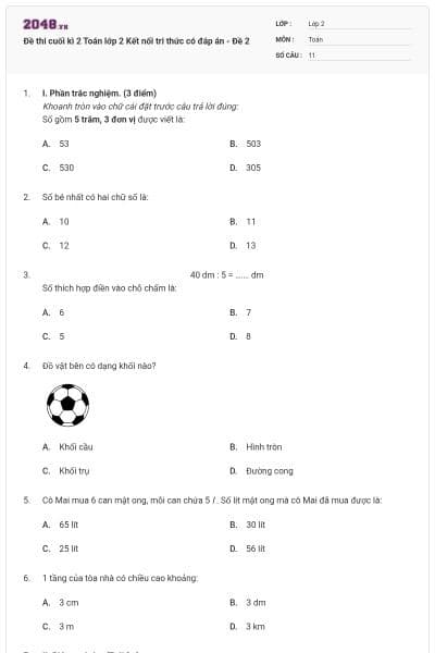 Đề thi cuối kì 2 Toán lớp 2 Kết nối tri thức có đáp án - Đề 2