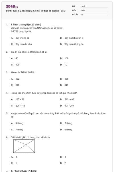 Đề thi cuối kì 2 Toán lớp 2 Kết nối tri thức có đáp án - Đề 3