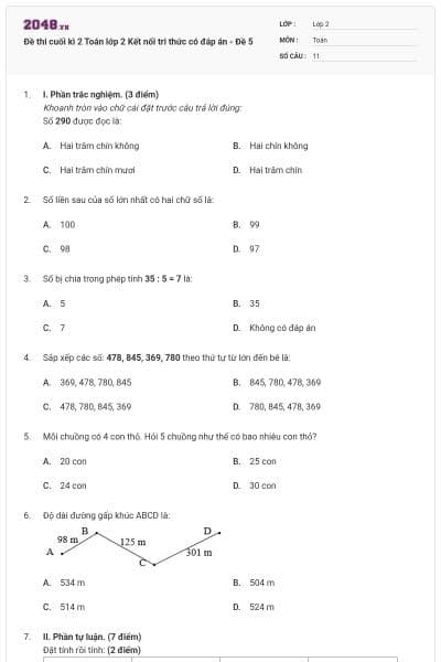Đề thi cuối kì 2 Toán lớp 2 Kết nối tri thức có đáp án - Đề 5