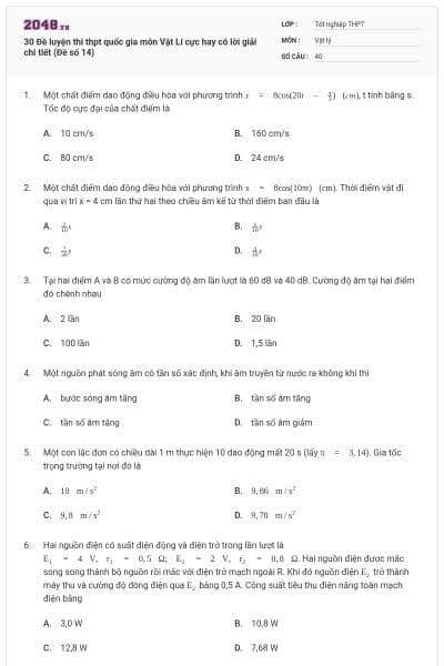 30 Đề luyện thi thpt quốc gia môn Vật Lí cực hay có lời giải chi tiết (Đề số 14)