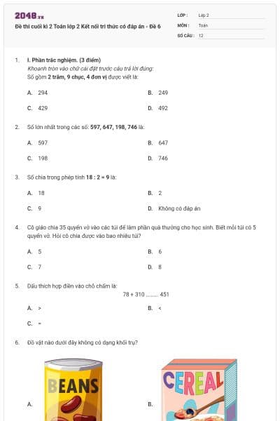 Đề thi cuối kì 2 Toán lớp 2 Kết nối tri thức có đáp án - Đề 6