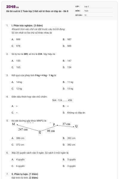 Đề thi cuối kì 2 Toán lớp 2 Kết nối tri thức có đáp án - Đề 8