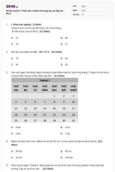 Đề thi cuối kì 1 Toán lớp 2 Chân trời sáng tạo có đáp án - Đề 2
