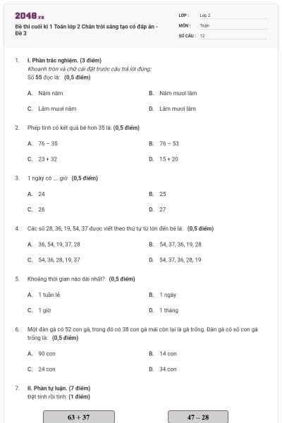 Đề thi cuối kì 1 Toán lớp 2 Chân trời sáng tạo có đáp án - Đề 3