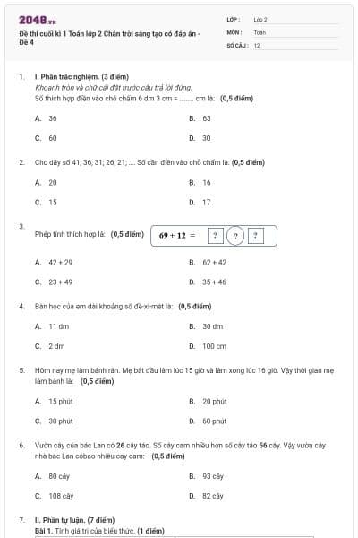 Đề thi cuối kì 1 Toán lớp 2 Chân trời sáng tạo có đáp án - Đề 4